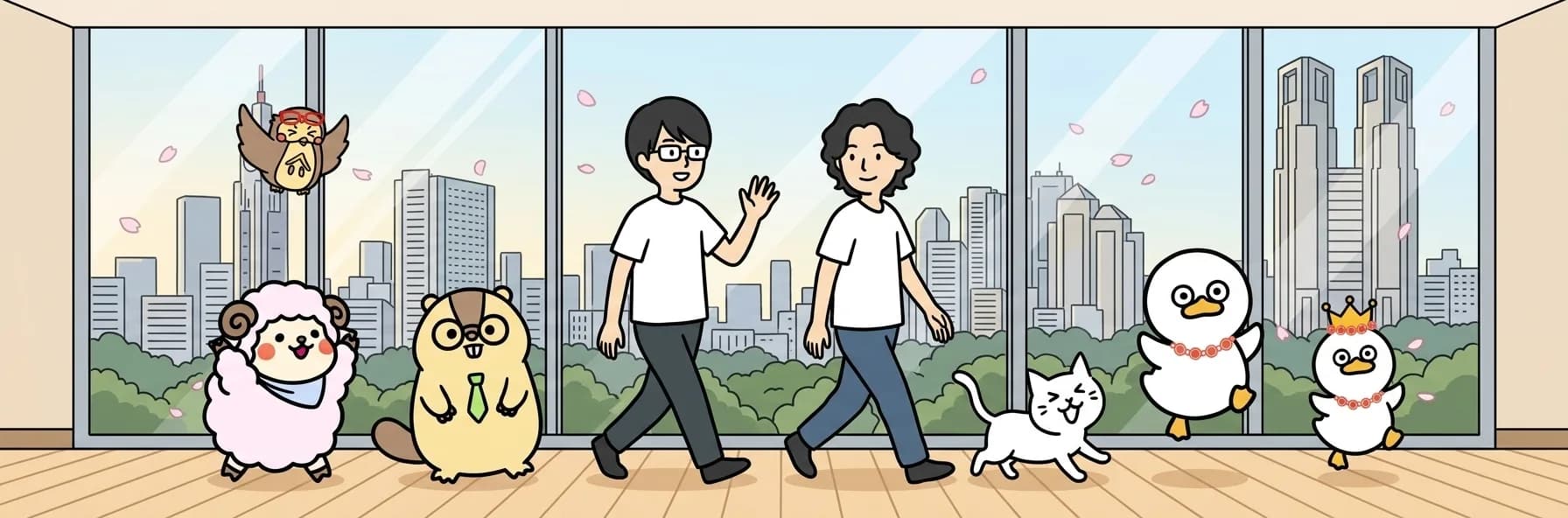 ゼットリンカーのメンバー2名とマスコットキャラクター（フクロウ・ひつじ・たぬき・ねこ・あひる）が、桜の舞う都市のオフィスを一緒に歩いている様子のイラスト