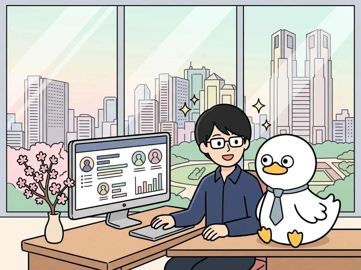 自社のデスクからオンラインの打ち合わせで和やかに話している様子を表すイラスト