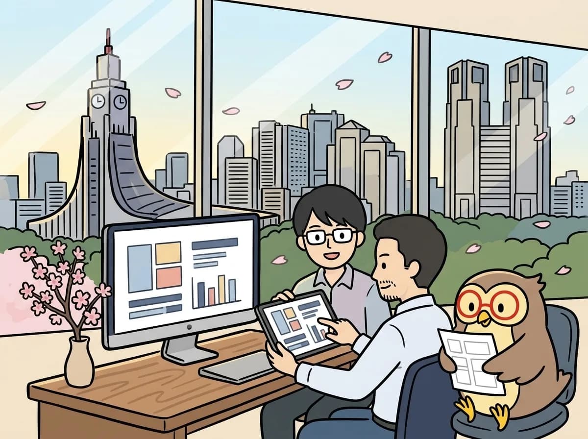 動いている試作画面をお客様が実際に触って確かめ、その横で見積書を見比べている様子のイラスト