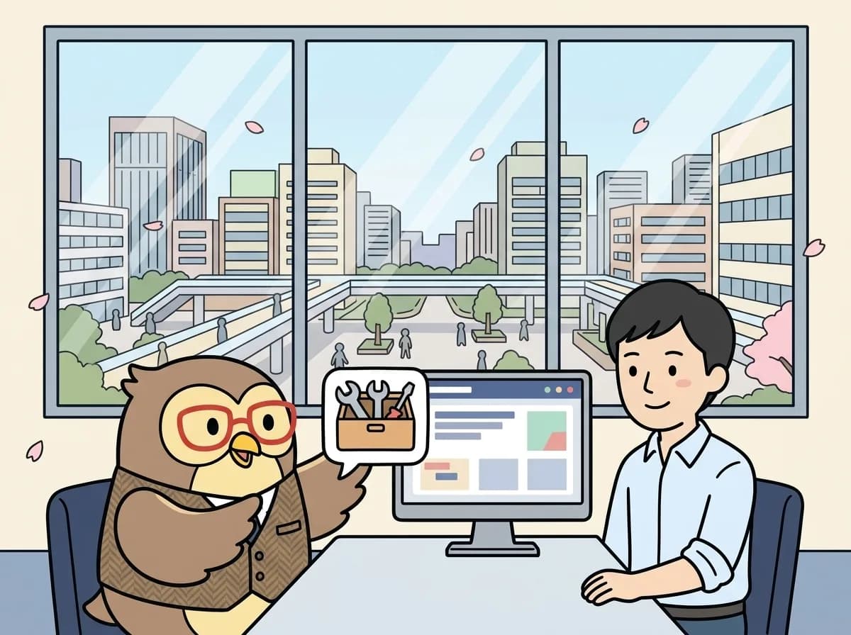 工具のアイコンを持ちながら既存システム改修について説明している様子を表すイラスト