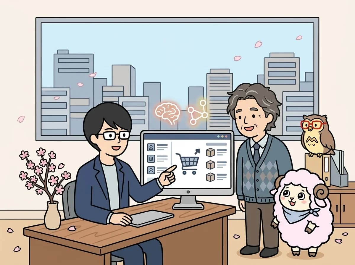 ショッピングカートのアイコンと商品一覧風の画面を見せている様子を表すイラスト