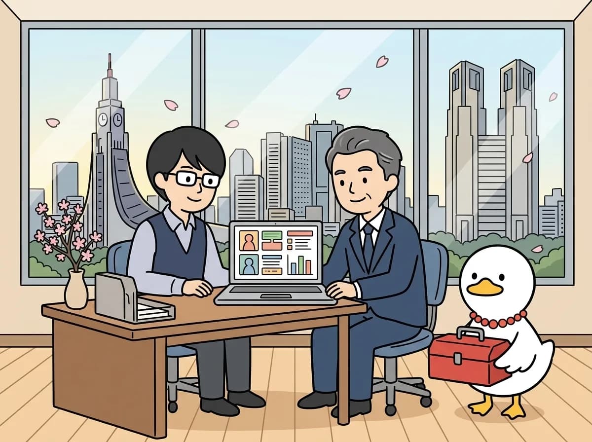 設計図の画面を一緒に見ながら、作るものを決めている様子のイラスト