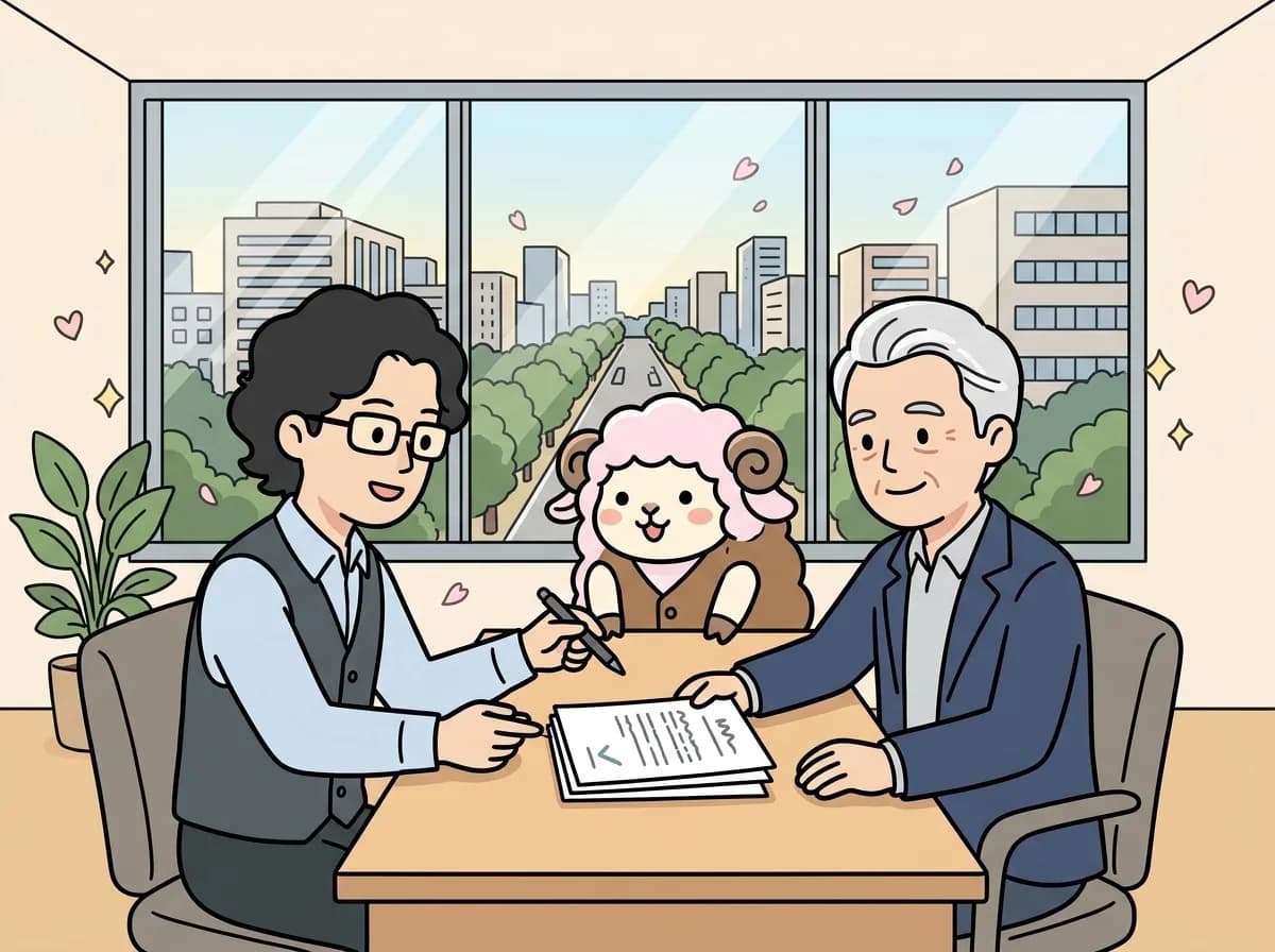 ペンと書類のアイコンを見せ、自治体職員が安心した表情でうなずいている様子を表すイラスト