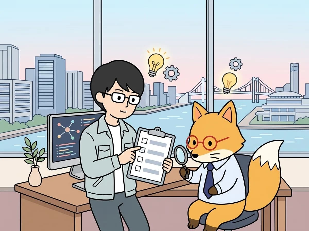 AI導入前の品質チェック｜正答・回答不可・権限外を分けて評価するのイメージイラスト：AIの回答品質が心配なときに導入前へ確認する10項目を、判断表付きで整理。正答の定義、評価セットの作り方、測定値の記録条件、稼働後の再評価基準までを一次情報の出典つきでまとめます。