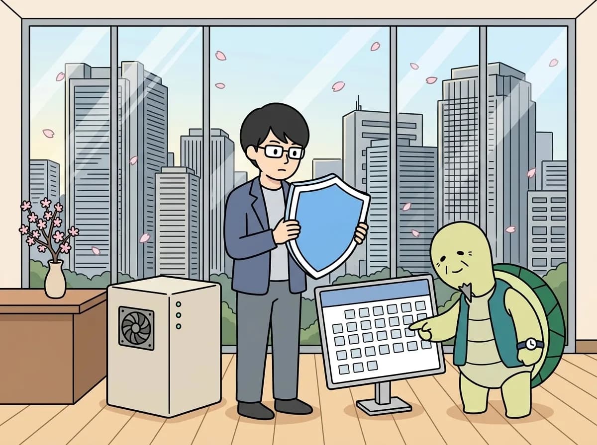 古いシステムのセキュリティを見直す｜サポート期限・依存関係・復旧の確認のイメージイラスト：古いシステムは、稼働していることと安全に更新・復旧できることを分けて確認します。サポート終了後に何が変わるか、ESU（拡張セキュリティ更新プログラム）の位置づけ、延命・部分移行・全面刷新の選択肢を整理しました。