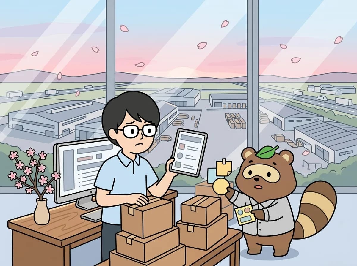 製造業の在庫管理SaaSを見直す｜ロット・同時更新・棚卸差異の確認のイメージイラスト：製造業の在庫管理では、数量だけでなく、ロット、仕掛、保留、所有者、場所を分けて扱う必要があるかを確認します。SaaSやkintoneの名称だけで限界を決めず、業務の更新条件を実際に試します。