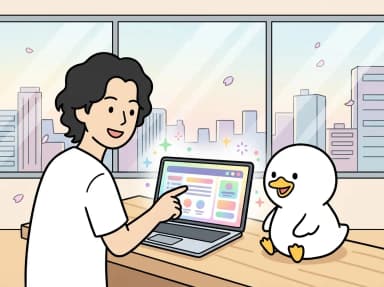 試作画面のモックを見せて説明する様子のイラスト