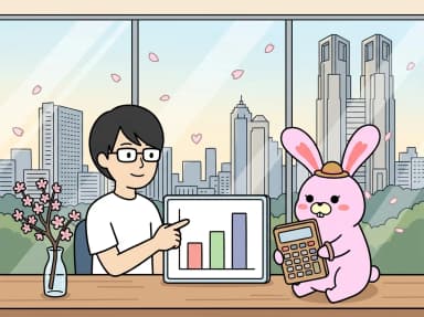 棒グラフの図を指しながら、効果の見積もりを説明している様子のイラスト
