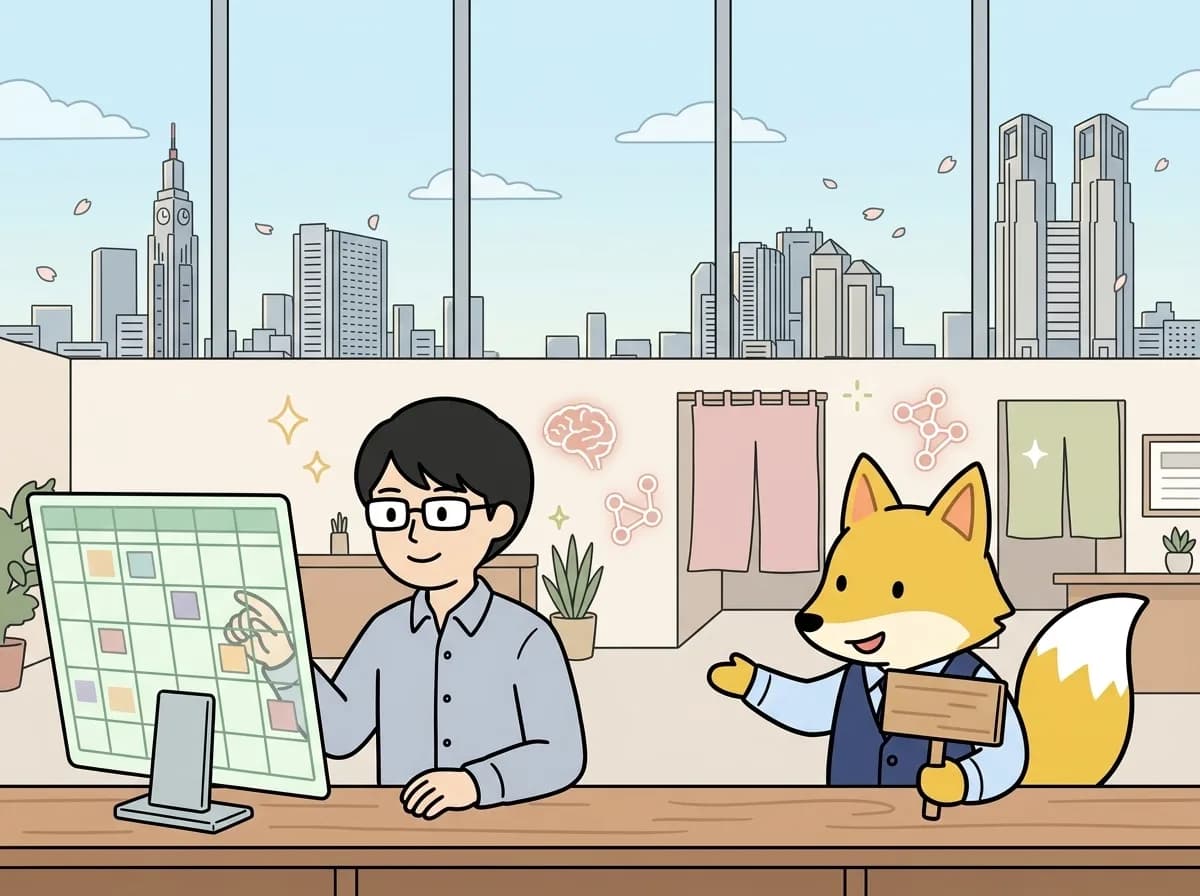 よびこみぶっきんぐをリリースしましたのイメージイラスト：ぜっとらぼの自社プロダクト「よびこみぶっきんぐ」をリリース。予約・問い合わせ・来店履歴をCRMに集約し、AIが再来店案内、休眠顧客フォロー、キャンペーン配信などの自動エンゲージを支える店舗向けSaaSです。