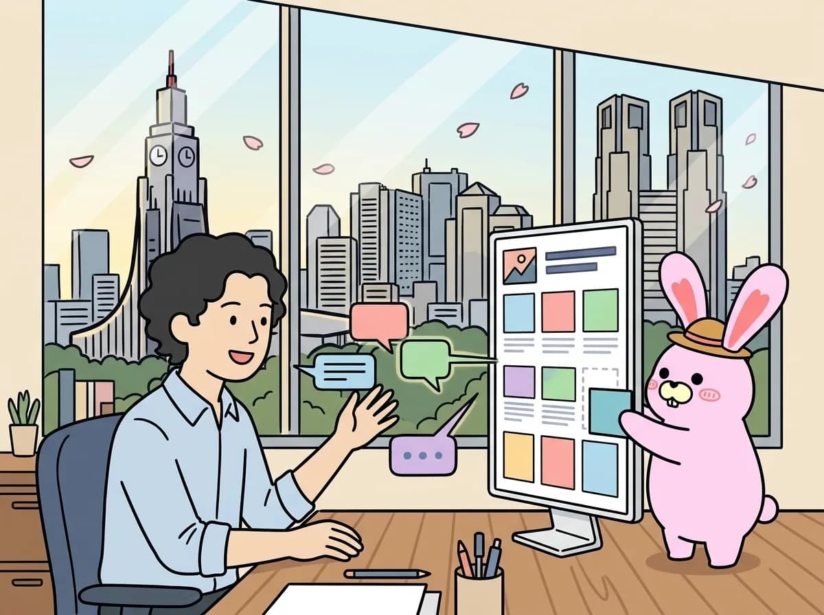 おもてらいとをリリースしましたのイメージイラスト：ぜっとらぼの自社プロダクト「おもてらいと」を正式リリース。AIアシスタントとチャットで会話するだけで自社ホームページが立ち上がり、その後の更新もマイページから自分でできる、中小事業者向けのホームページ作成・運用SaaSです。独自ドメインとAI検索（LLMO/AIO）対応を最初から組み込んでいます。
