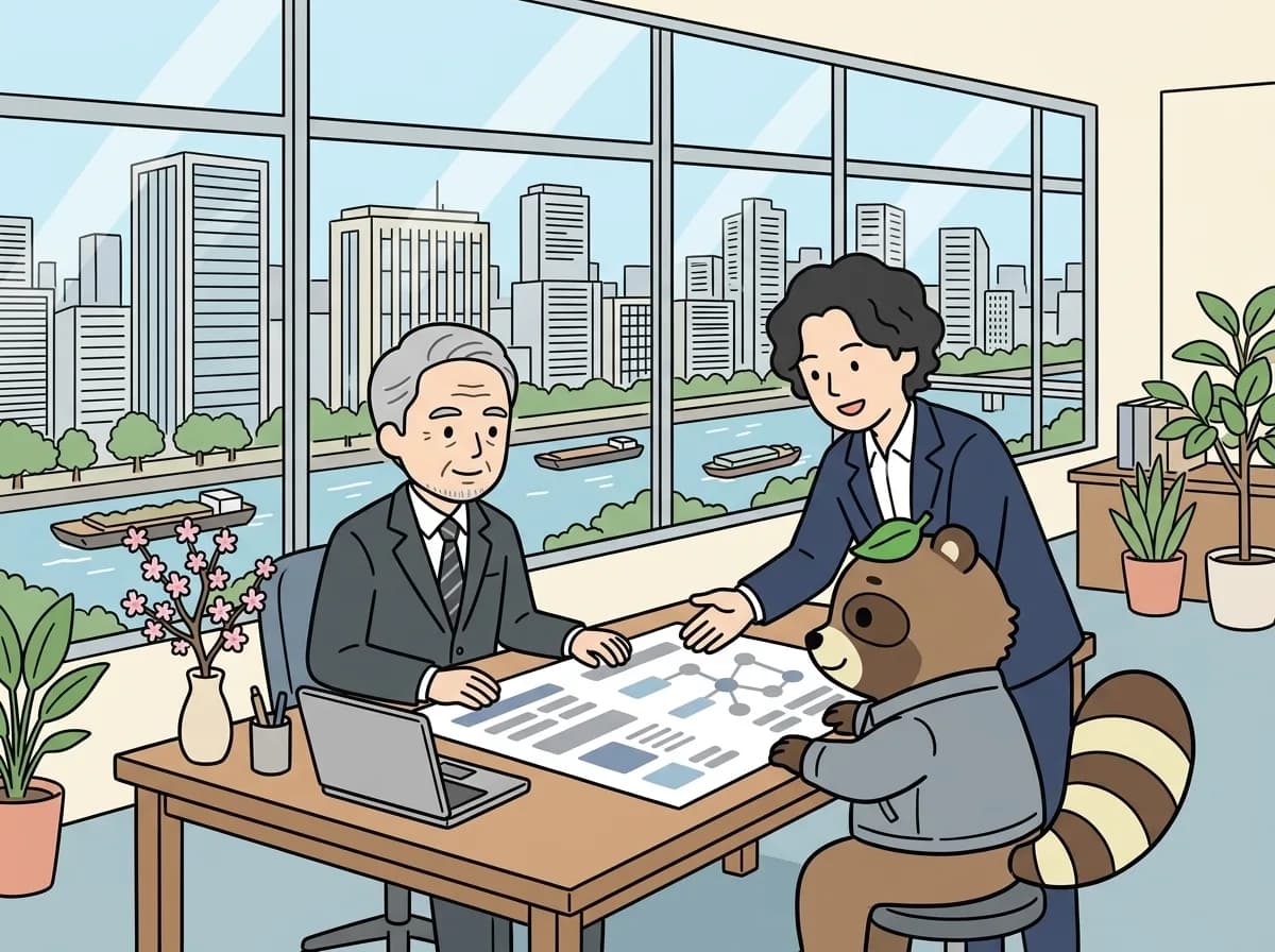 「事業会社とのDX共同企画」のイメージイラスト:IT以外の業種の事業者様と、現場の課題からDXの企画を一緒に考えます。