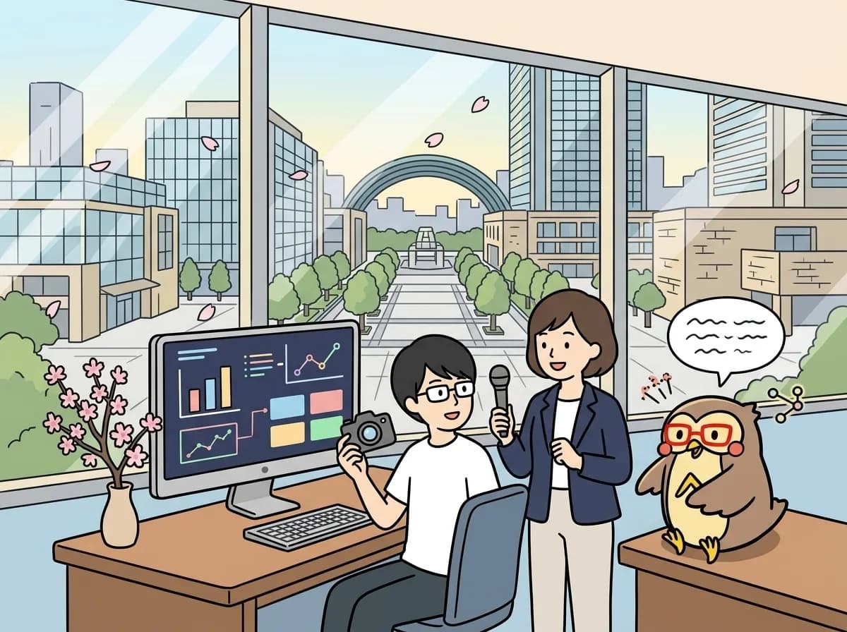 「メディア・取材・発信連携」のイメージイラスト:取材依頼、コラボ発信、相互紹介など、情報発信を通じたつながりを歓迎します。
