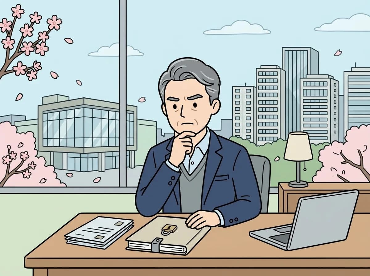 鍵のかかった書類フォルダを前に不安げな表情をしている人物のイラスト