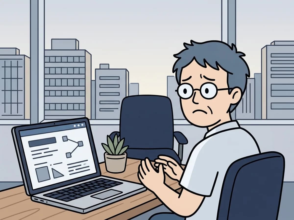 一人だけノートPCに向かい他の空席のデスクを気にして寂しげな表情をしている人物のイラスト