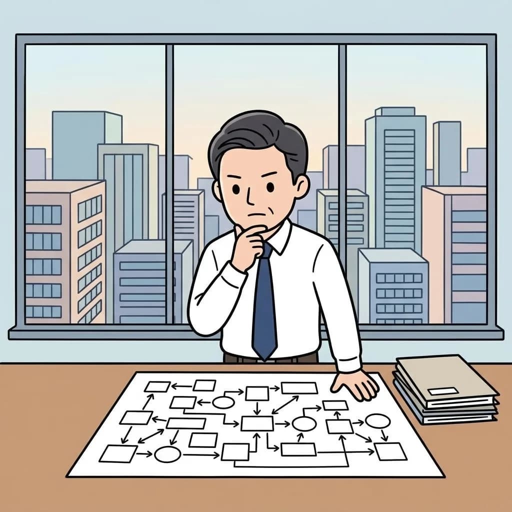机に広げた業務の流れの図を見下ろし、顎に手を当てて考え込んでいる人物のイラスト