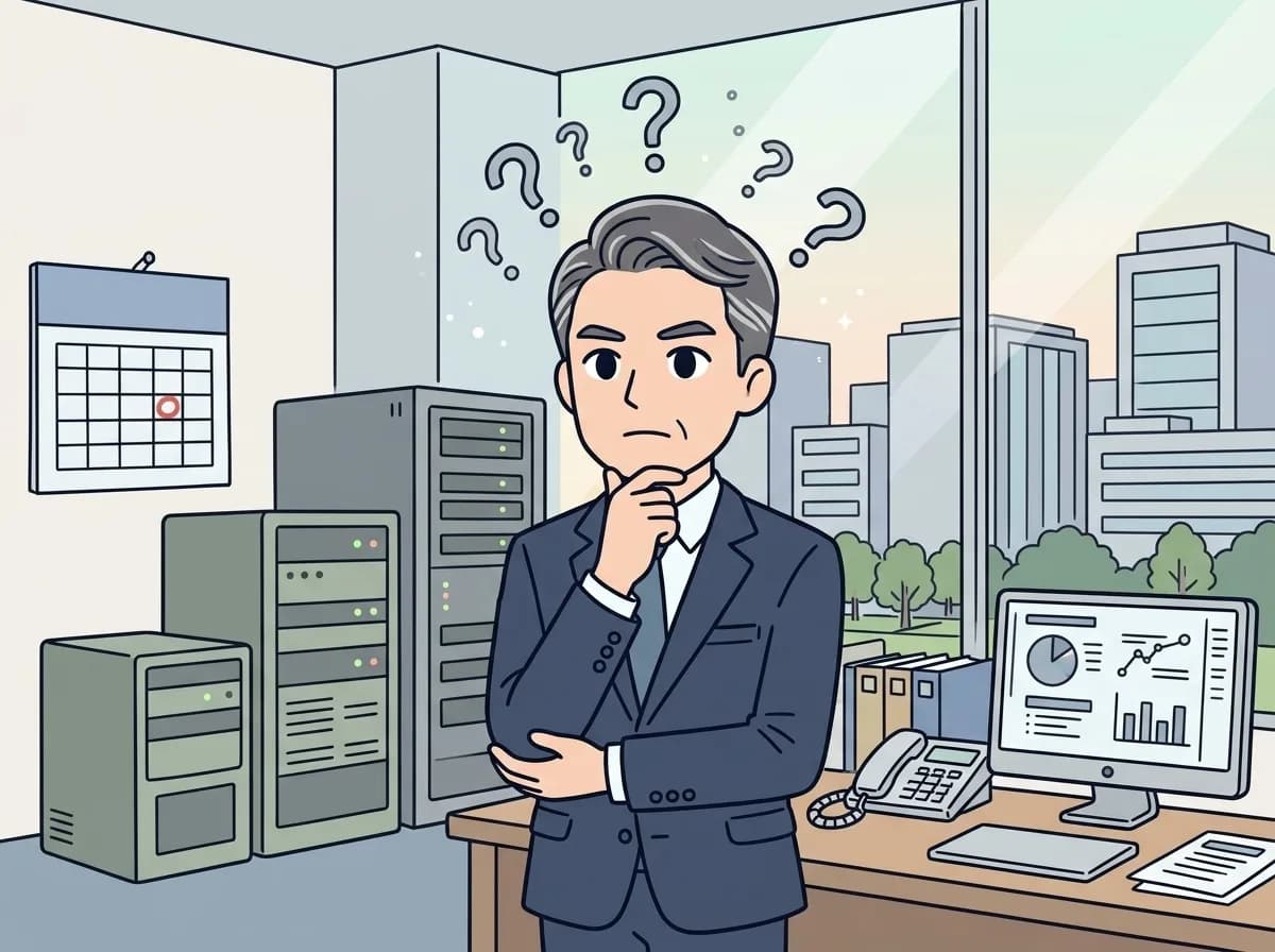 古びたサーバー機器と締切マークを前に焦った表情をしている人物のイラスト