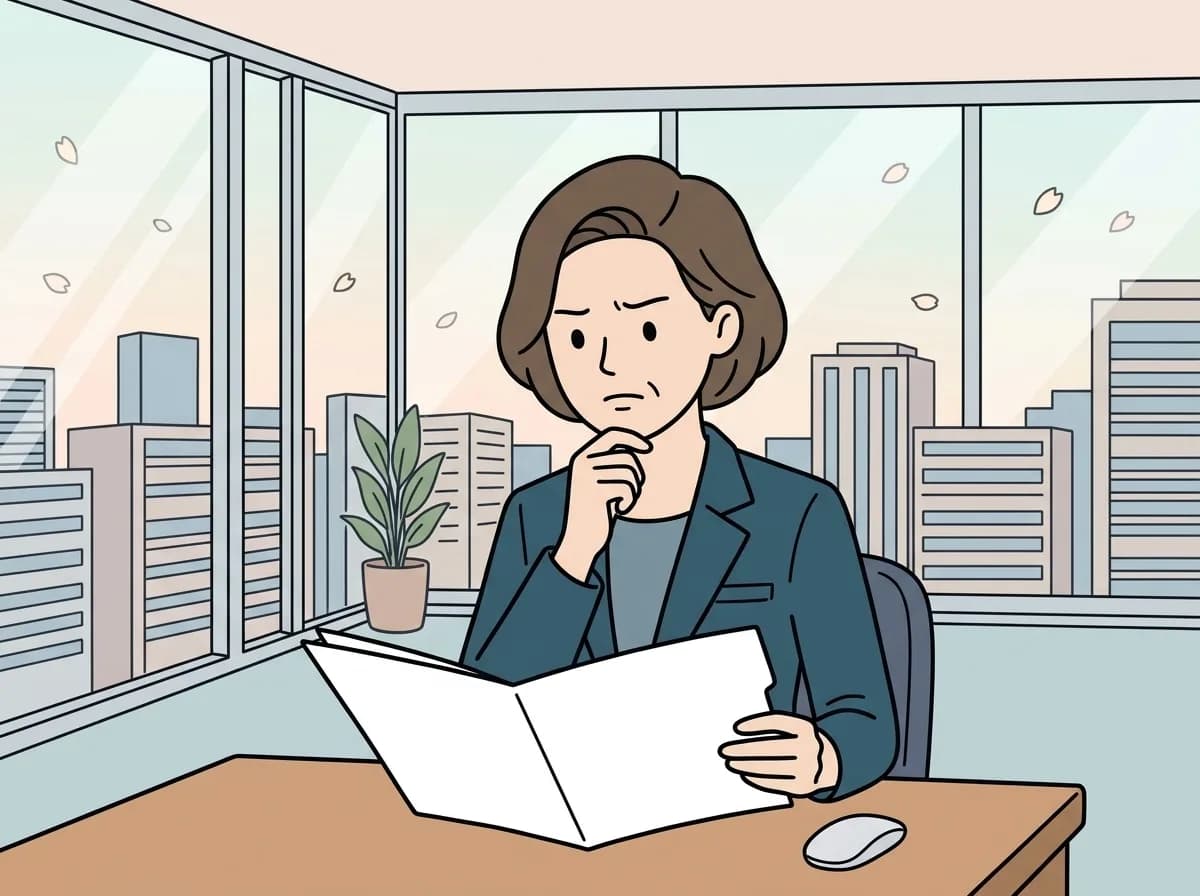 空っぽの書類フォルダを開いて困惑した表情で立ち尽くしている人物のイラスト
