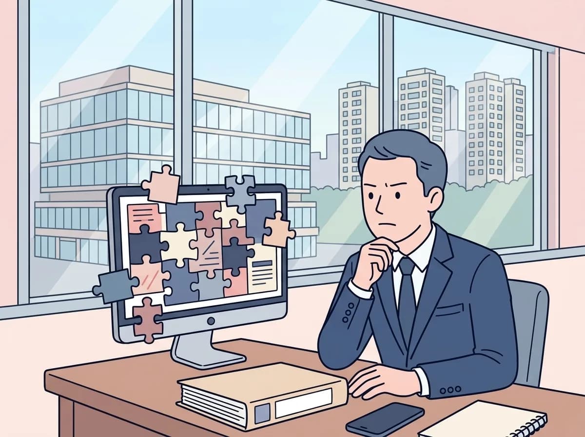 パズルのピースが合わずはみ出している画面を前に困った表情でため息をついている人物のイラスト
