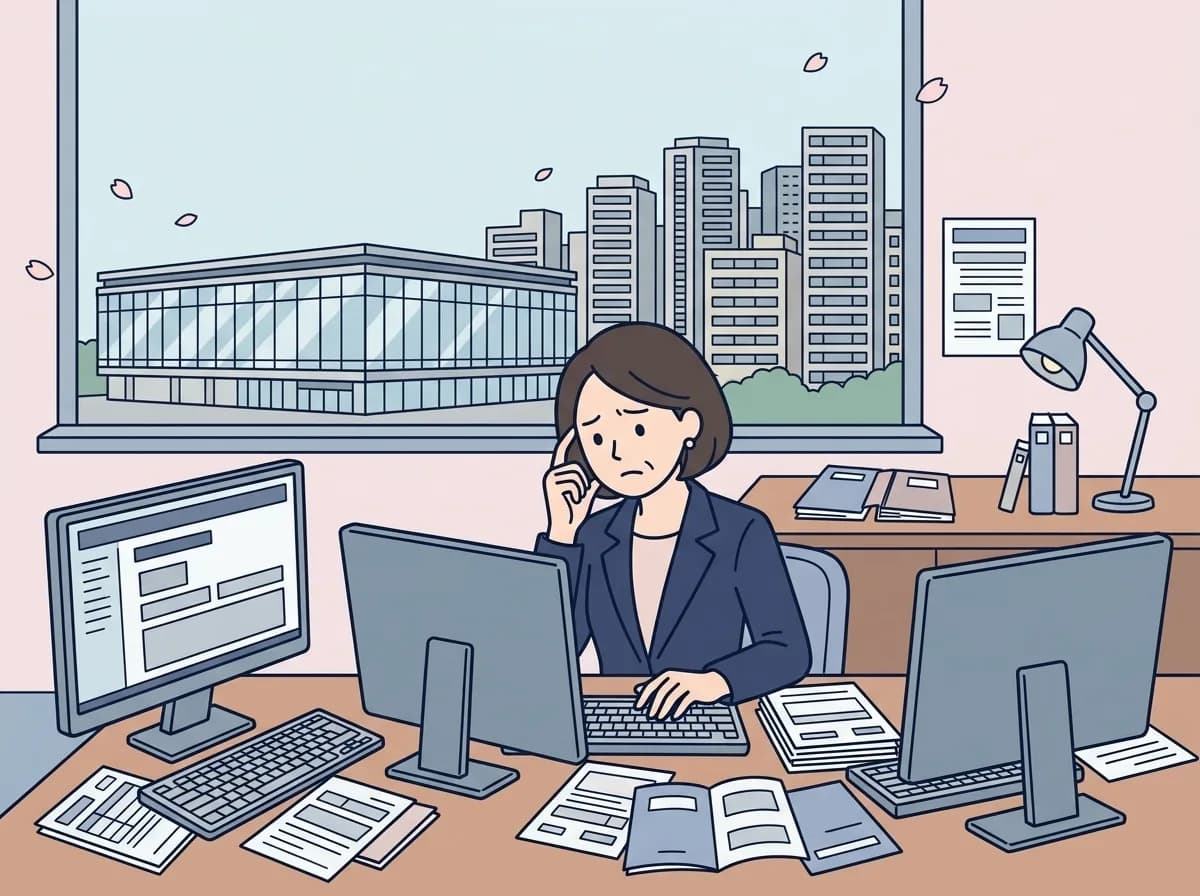 複数のバラバラな画面に同じ内容を何度も入力し疲れた表情をしている人物のイラスト