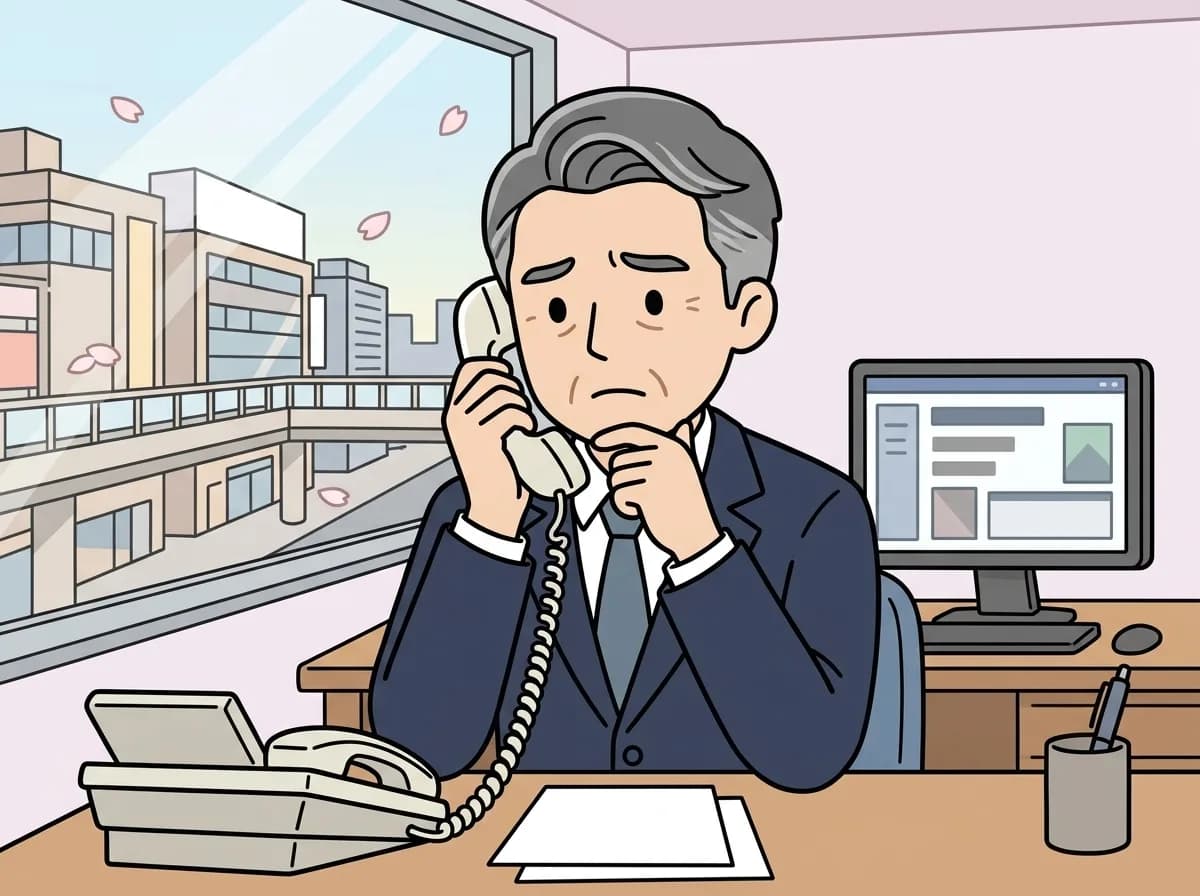 繋がらない電話の受話器を耳に当てたまま困惑した表情をしている人物のイラスト