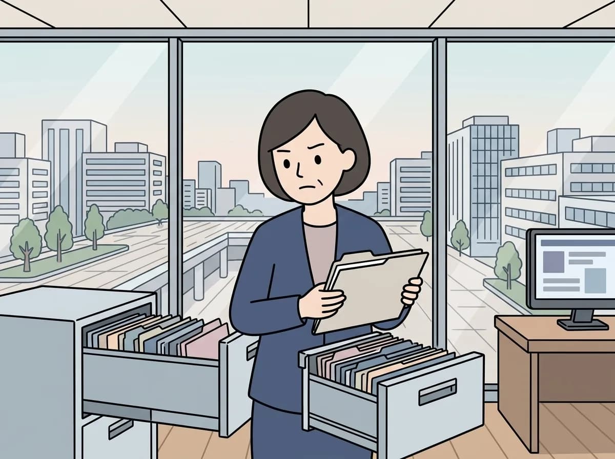 散らかったキャビネットや箱を必死に探し回り困惑した表情をしている人物のイラスト