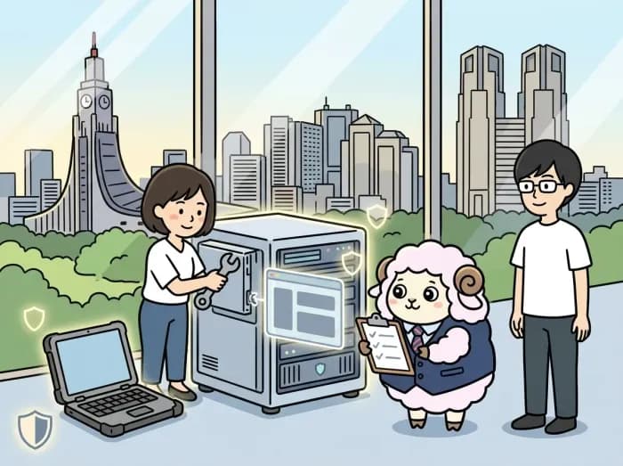 試作システムを点検し、本番環境の準備を進めるイラスト