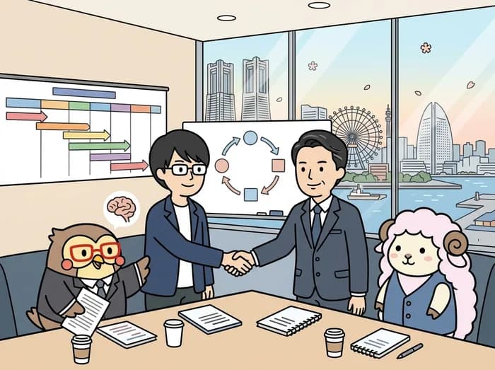 計画と役割を共有し、継続的なAI支援を始めるイラスト