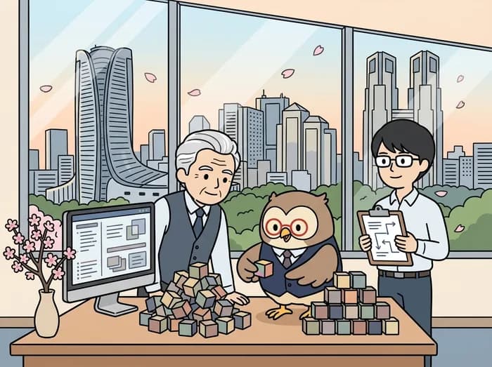 新旧の業務フローを比較し、AI基盤の移行を検討するイラスト