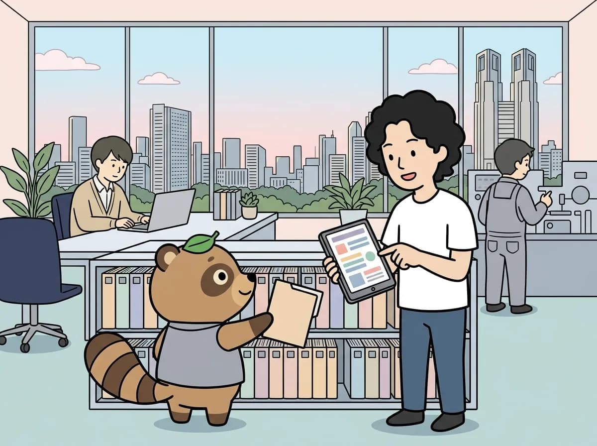 製造業向け RAGシステム構築のイメージイラスト：数百件の社内文書・資料を対象に、用途別のRAGチャットボットを構築。文書化された情報を自然言語で検索・参照できる環境を整備。