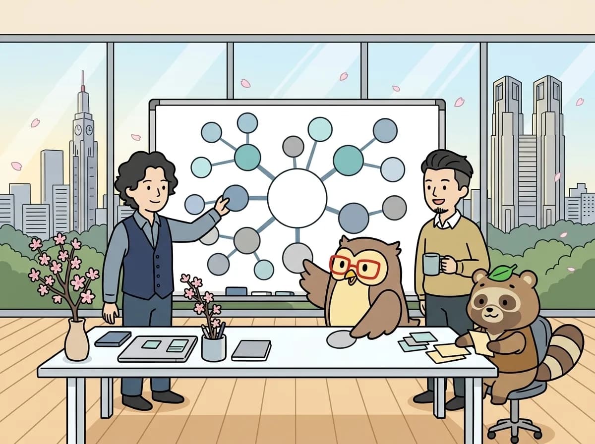 マインドマップシステム MVP開発のイメージイラスト：マインドマップをWebブラウザ上で作成・共有できるシステムのMVPを開発。