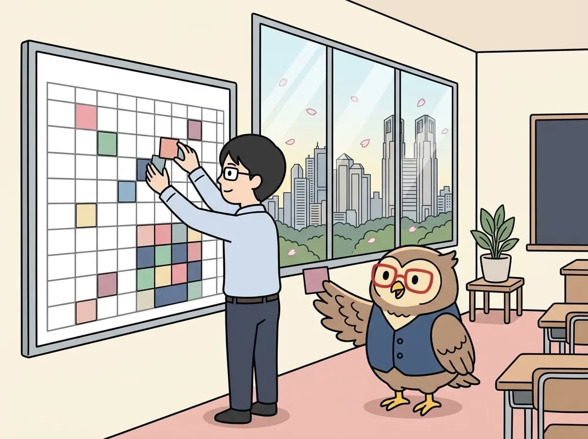 学習塾 定期試験対策の変則時間割 自動作成システムのイメージイラスト：定期試験前の対策授業について、試験日入力から自動マッチング、手動調整、学校別配布物出力までを一気通貫で支援するWebアプリを構築。