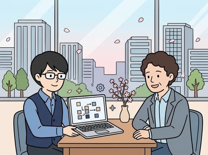 担当者がノートPCで機能追加のイメージを見せながら、お客様の要望を聞いている様子を表すイラスト