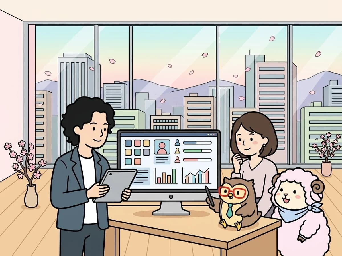 複数のコンテンツブロックが並ぶ画面を見せている様子を表すイラスト