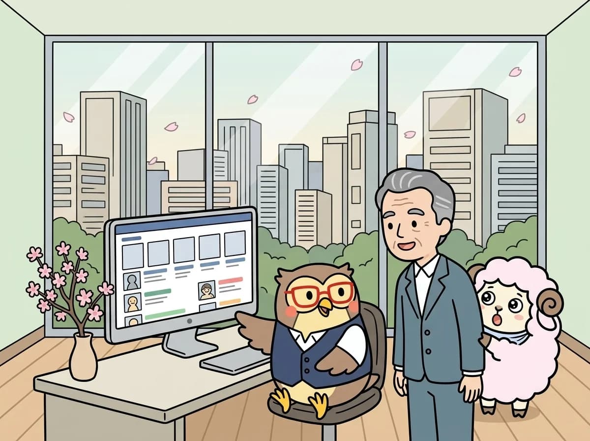 人物アイコンが並ぶ採用ページ風の画面を見せている様子を表すイラスト