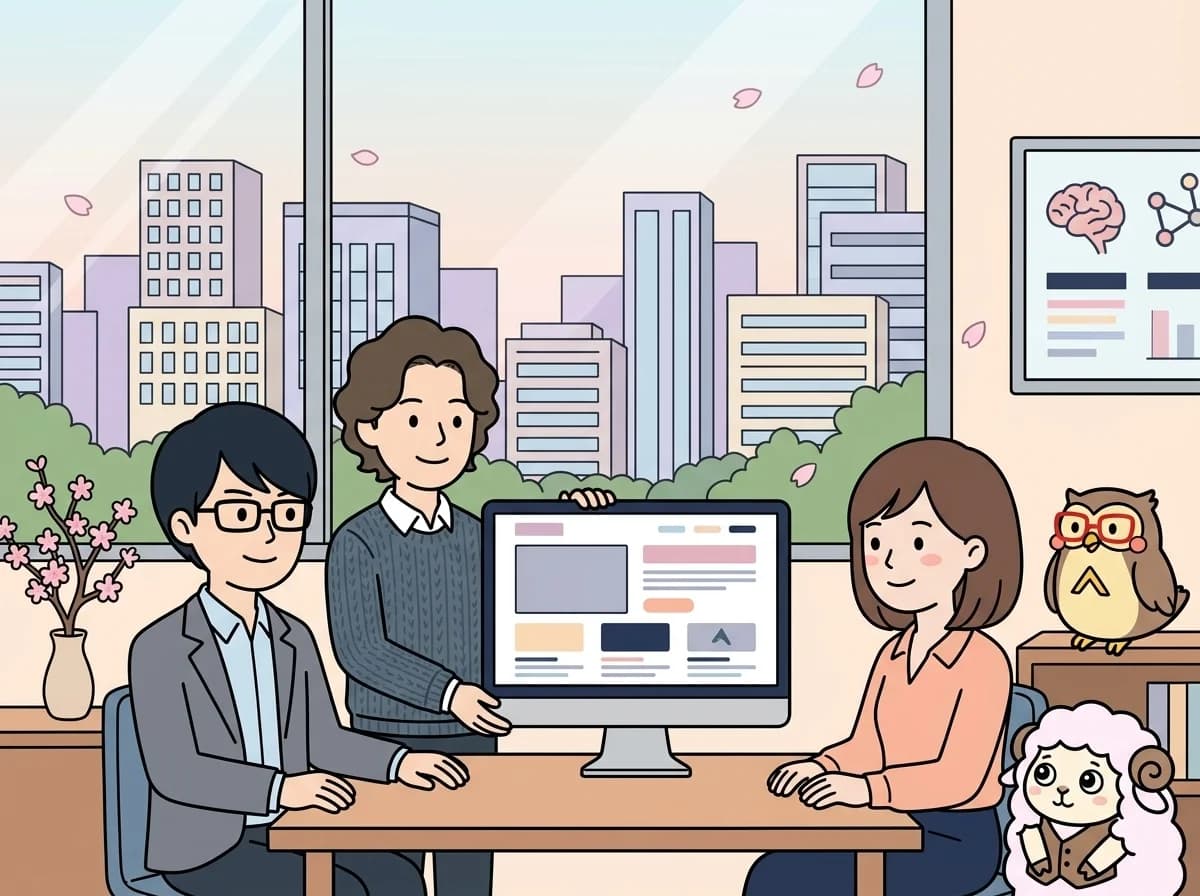 商品紹介風のレイアウト画面を見せている様子を表すイラスト