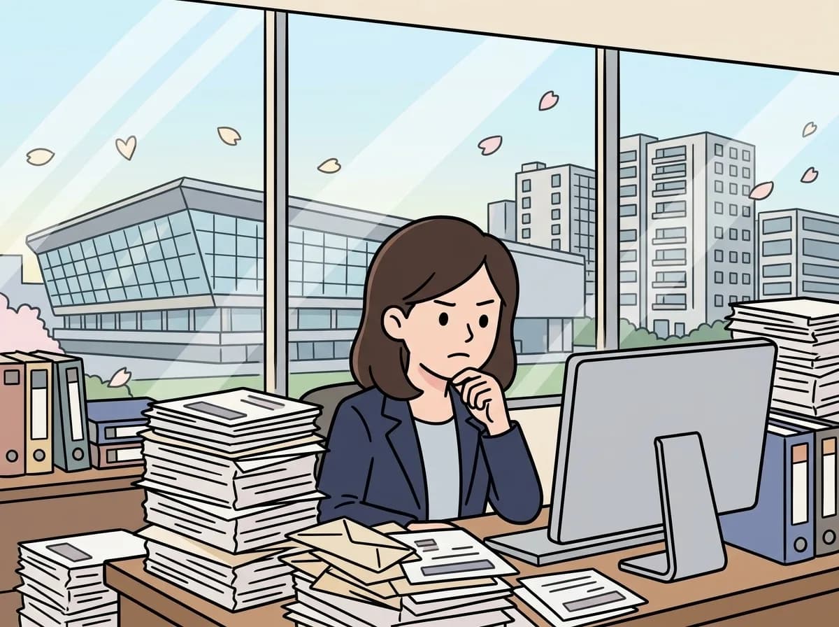 山積みの書類と溢れる封筒に囲まれ疲れ切っている人物のイラスト