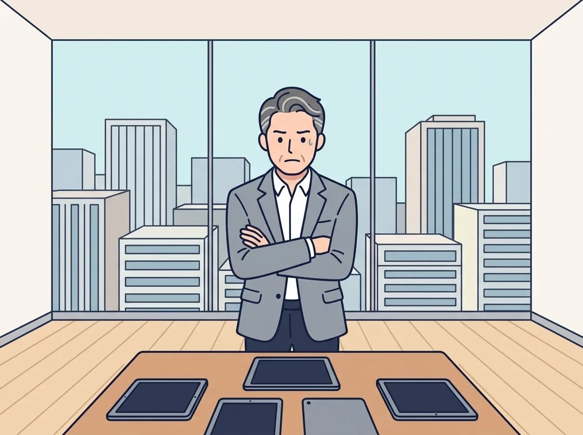 誰も使っていないタブレットを前に、腕を組んで考えている人物のイラスト