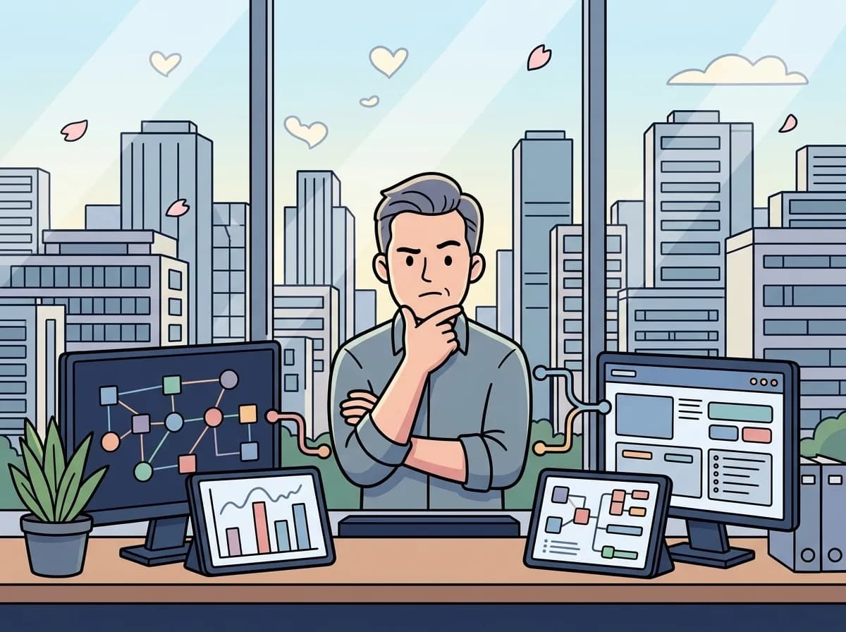 複数のバラバラなシステム画面を前に、繋げ方が分からず困っている人物のイラスト