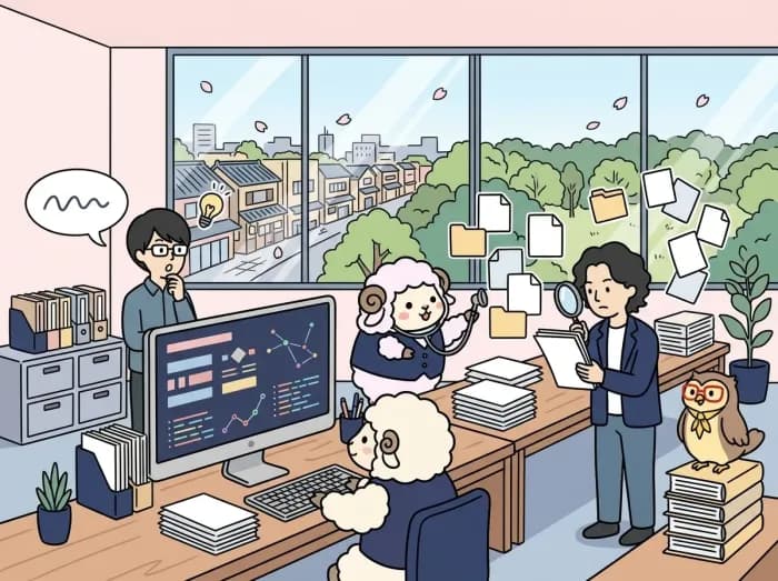 散らばった資料を並べて、発注前の判断に必要なことを整理している様子のイラスト